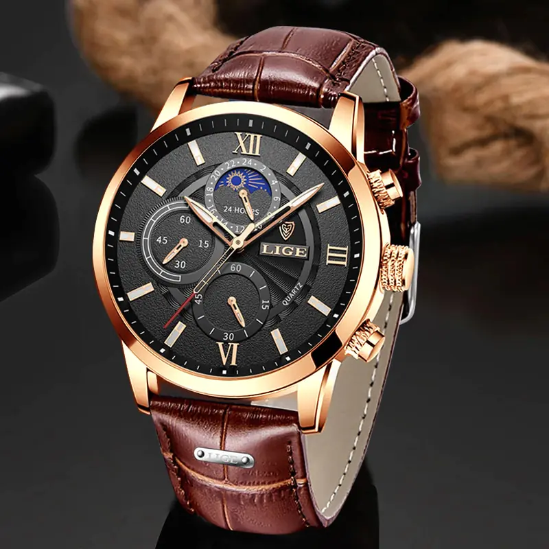 2023 New Mens Watches LIGE Top Brand Luxury Leather Casual Quartz - Image 2