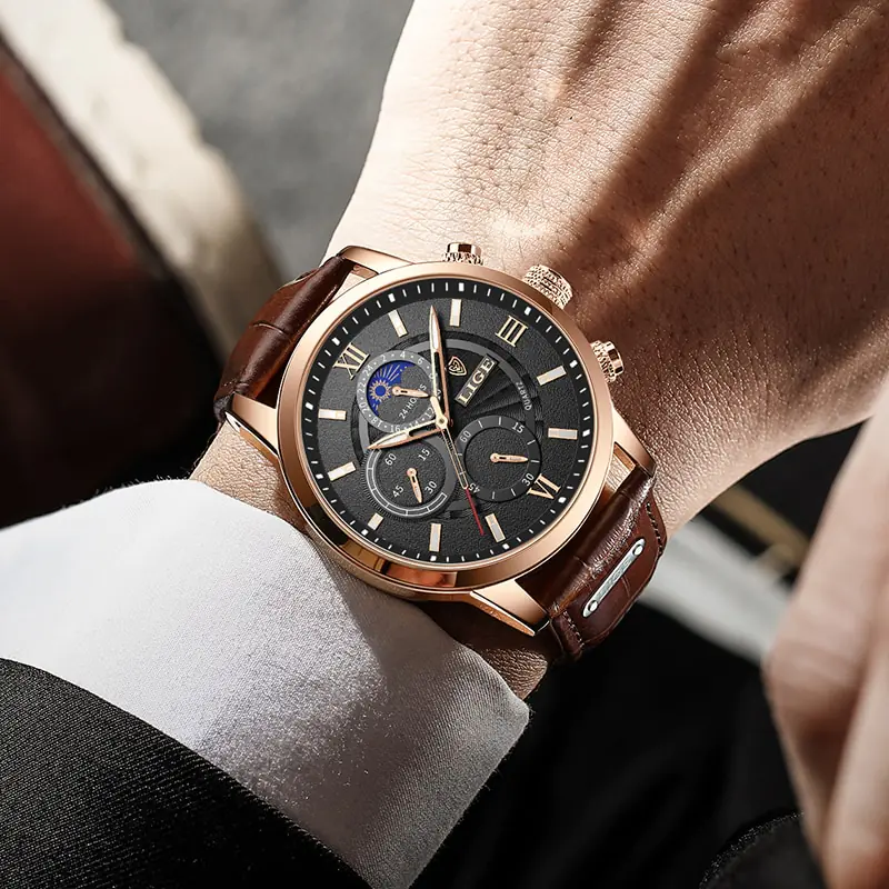 2023 New Mens Watches LIGE Top Brand Luxury Leather Casual Quartz - Image 5