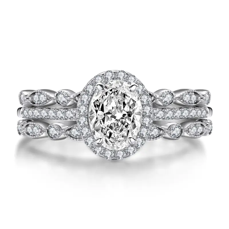 925 Sterling Silver Oval Stone Double Ring Set - Image 2