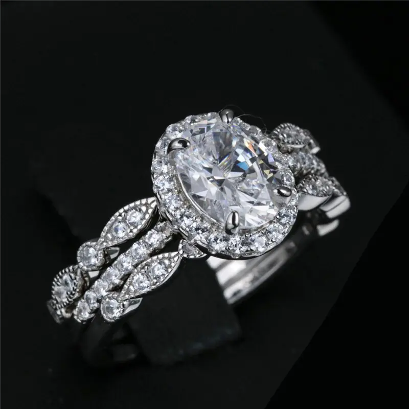 925 Sterling Silver Oval Stone Double Ring Set - Image 4
