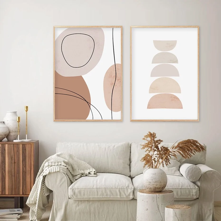 Abstract Geometric Beige Boho Style Canvas Wall Art Painting - Image 3