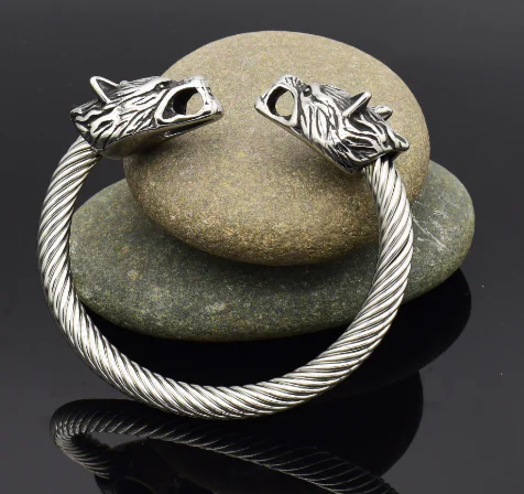 Asgard Handcrafted Large Grey Wolf Head Torc Bracelet