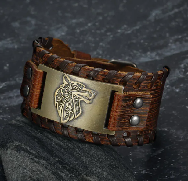 Asgard Leather Buckle Arm Cuff with Fenrir Design - Image 3