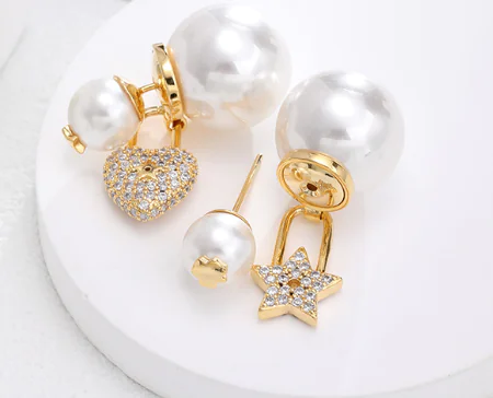 Asymmetrical Star Heart Earrings with Double-Sided Pearls - Image 2