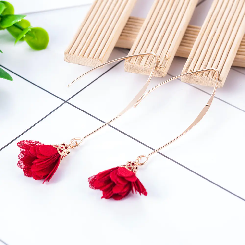 Creative Rose Fabric Drop Earrings with Tassels - Image 11