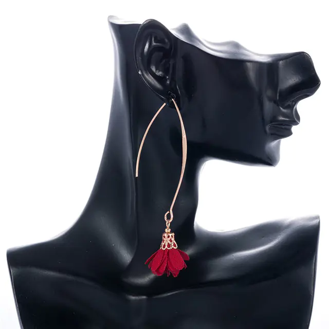 Creative Rose Fabric Drop Earrings with Tassels - Image 6