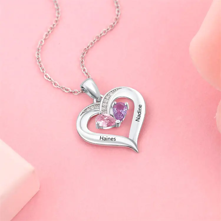 Customized Heart-Shaped Gemstone Necklace for Couples - Image 7