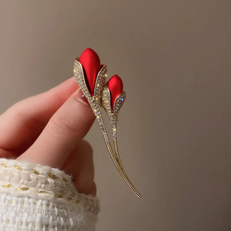 Diamond Inlaid Rose Tulip Brooch with Elegant Design - Image 3