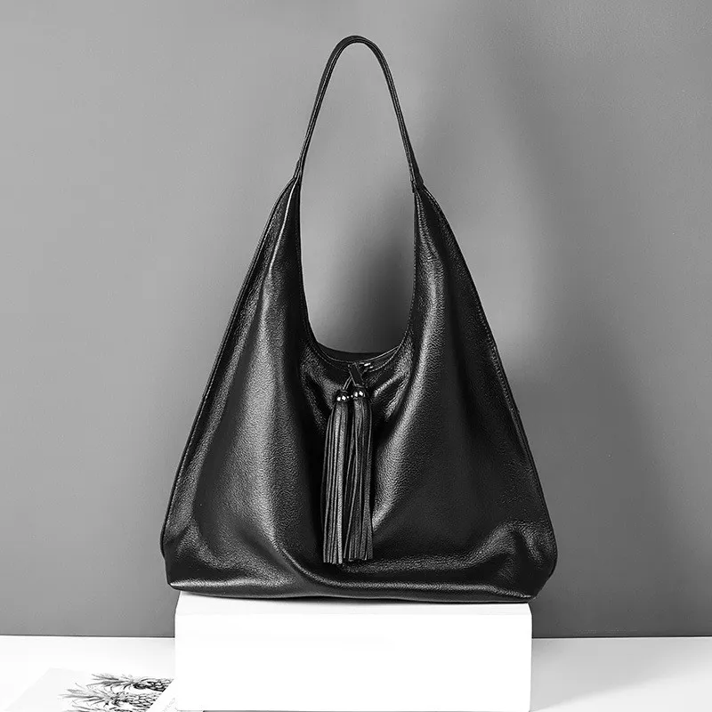 European And American Fashion Tassel Top Layer Cowhide Shoulder Big Bag - Image 3