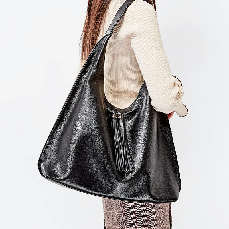 European And American Fashion Tassel Top Layer Cowhide Shoulder Big Bag - Image 5