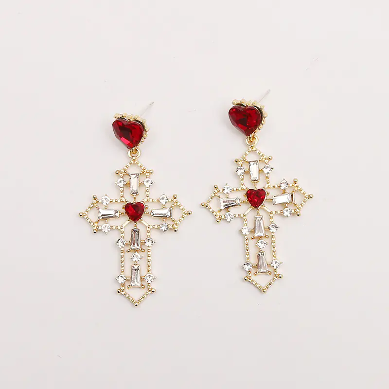 Gold Cross Earrings with Creative Heart Design