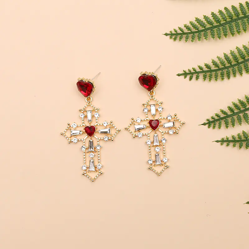 Gold Cross Earrings with Creative Heart Design - Image 2