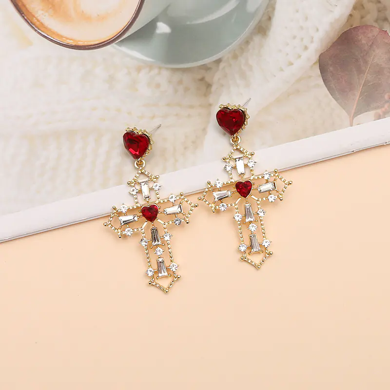 Gold Cross Earrings with Creative Heart Design - Image 5