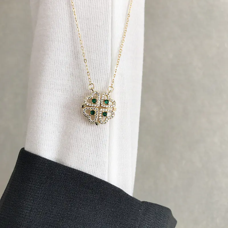 Gold Four-leaf Clover Heart Zircon Necklace for Women