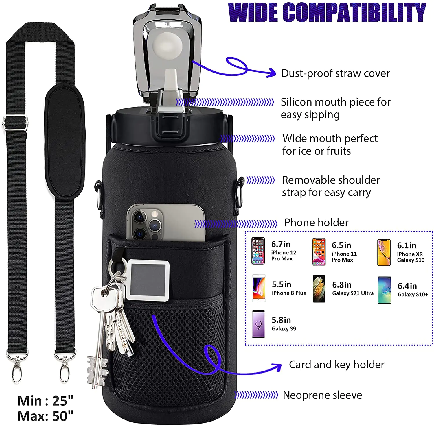 Half Gallon Water Bottle with Sleeve 64 OZ 2000ML - Image 2