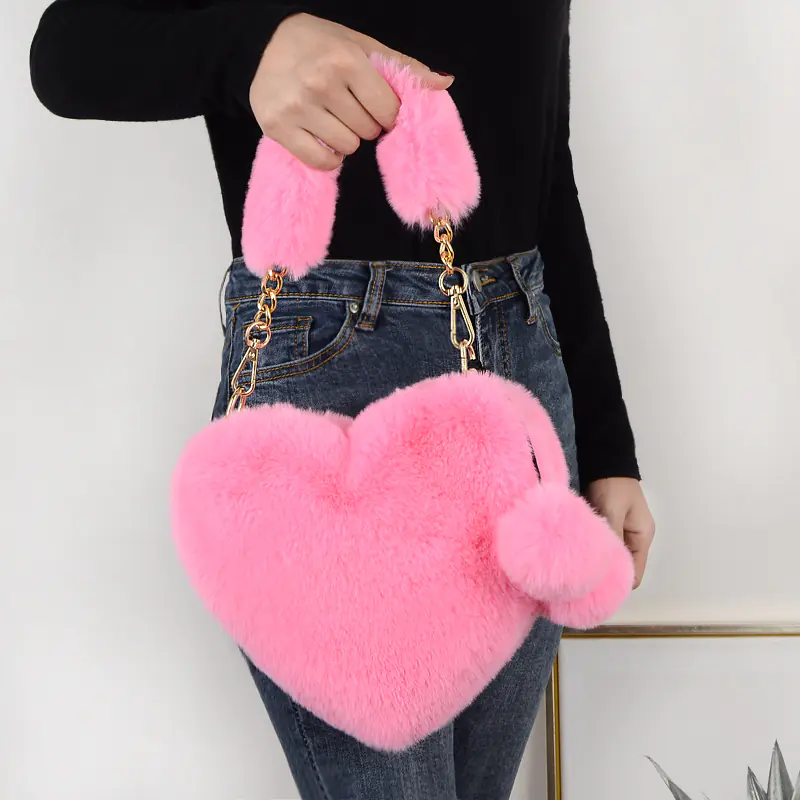Heart-shaped Plush Peach Handbag for Women - Image 2