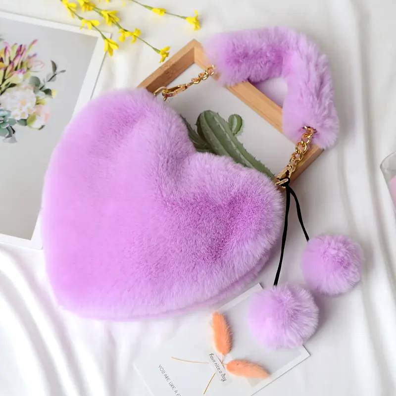 Heart-shaped Plush Peach Handbag for Women - Image 3