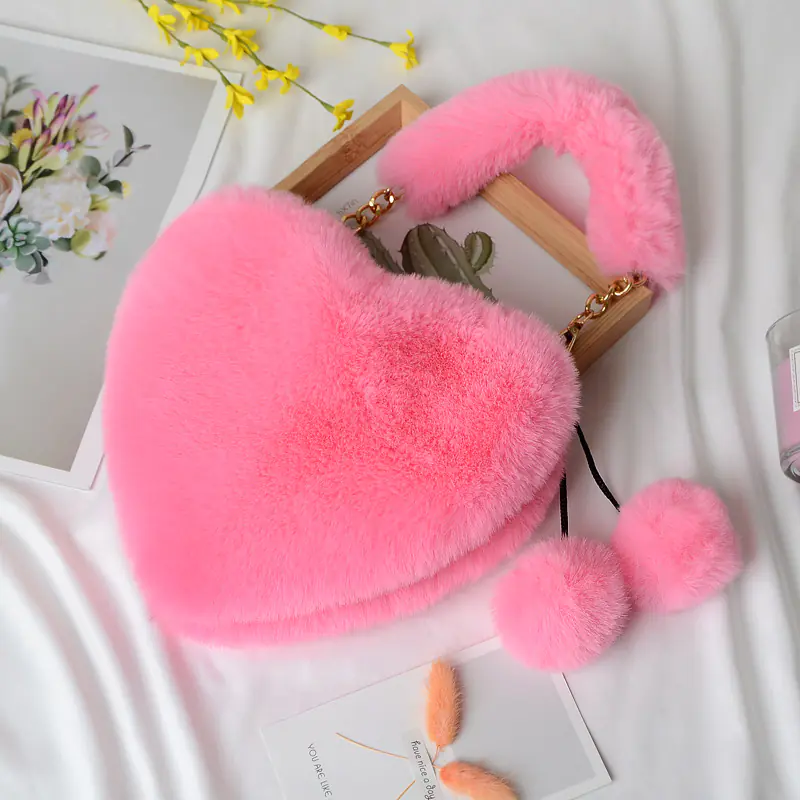 Heart-shaped Plush Peach Handbag for Women - Image 6