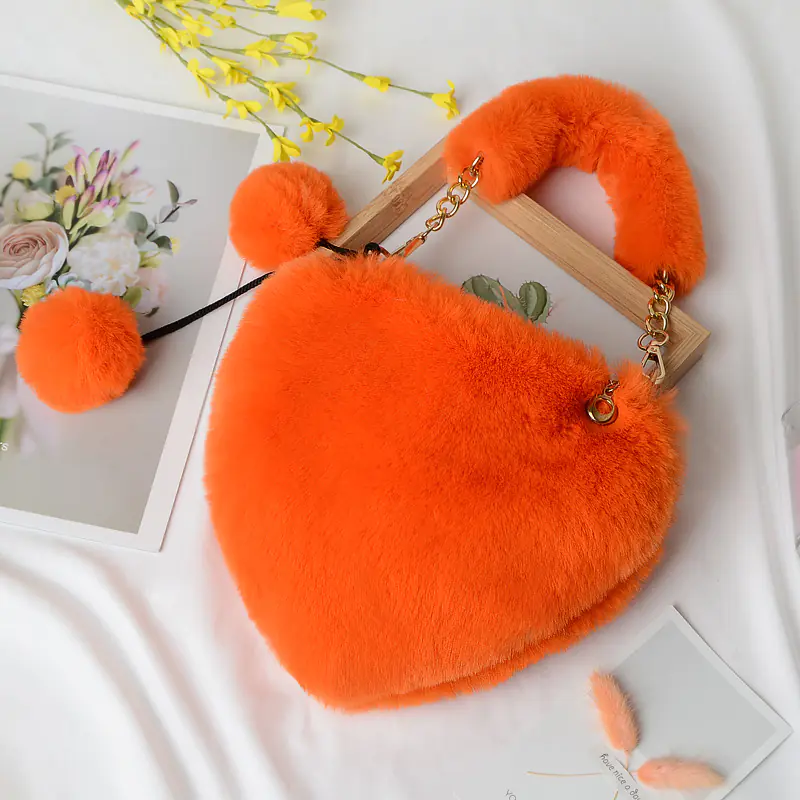 Heart-shaped Plush Peach Handbag for Women - Image 8