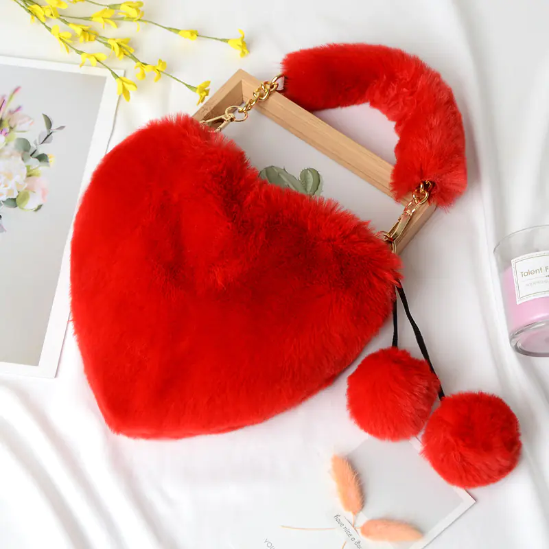 Heart-shaped Plush Peach Handbag for Women - Image 9