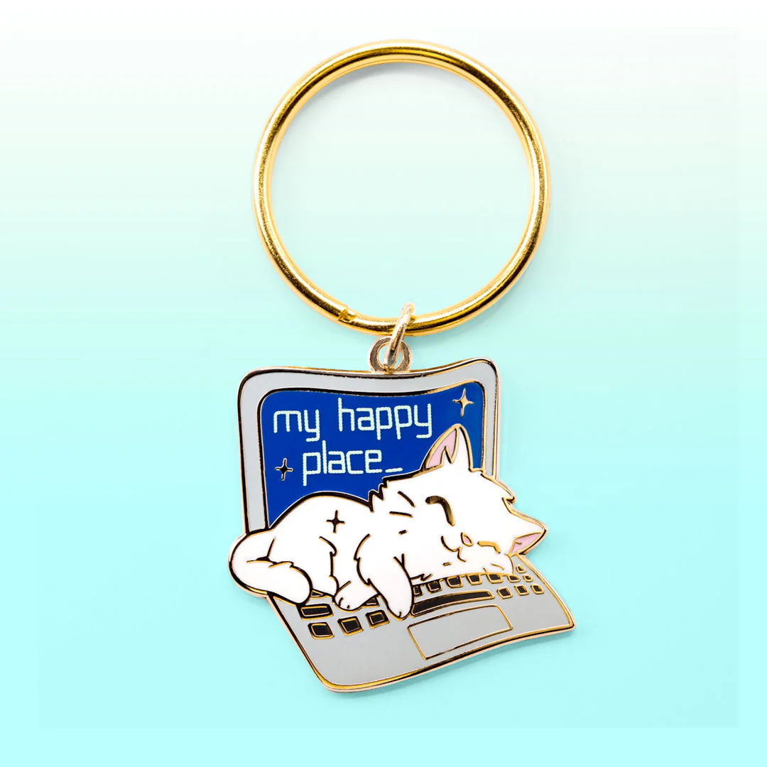 My Happy Place Laptop (Russian White Cat) Keychain