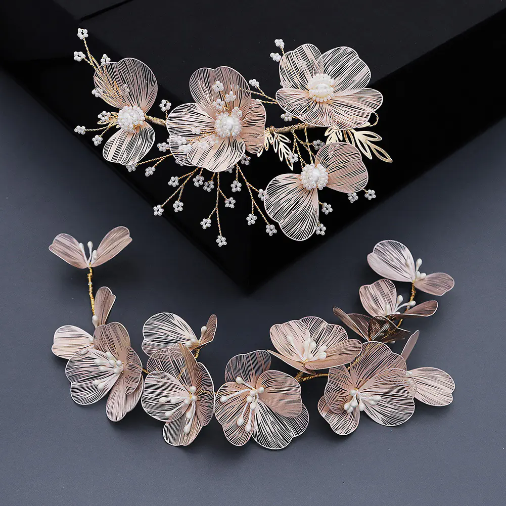 Korean Style Gold Petal Headband with Pearl Accents - Image 2