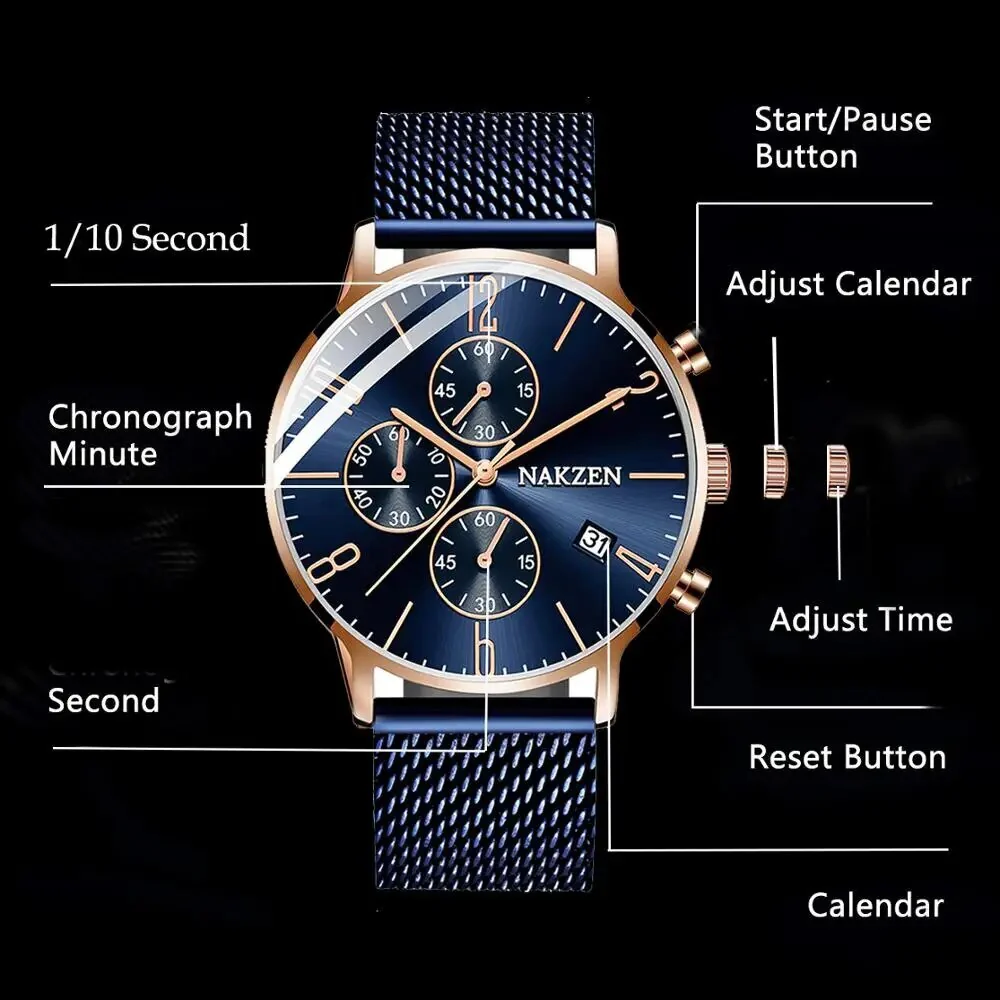 Luxury Quartz Watches Men Brand NAKZEN Men's Business Sport Watch Waterproof Chronograph Wristwatches Relogio Masculino - Image 5