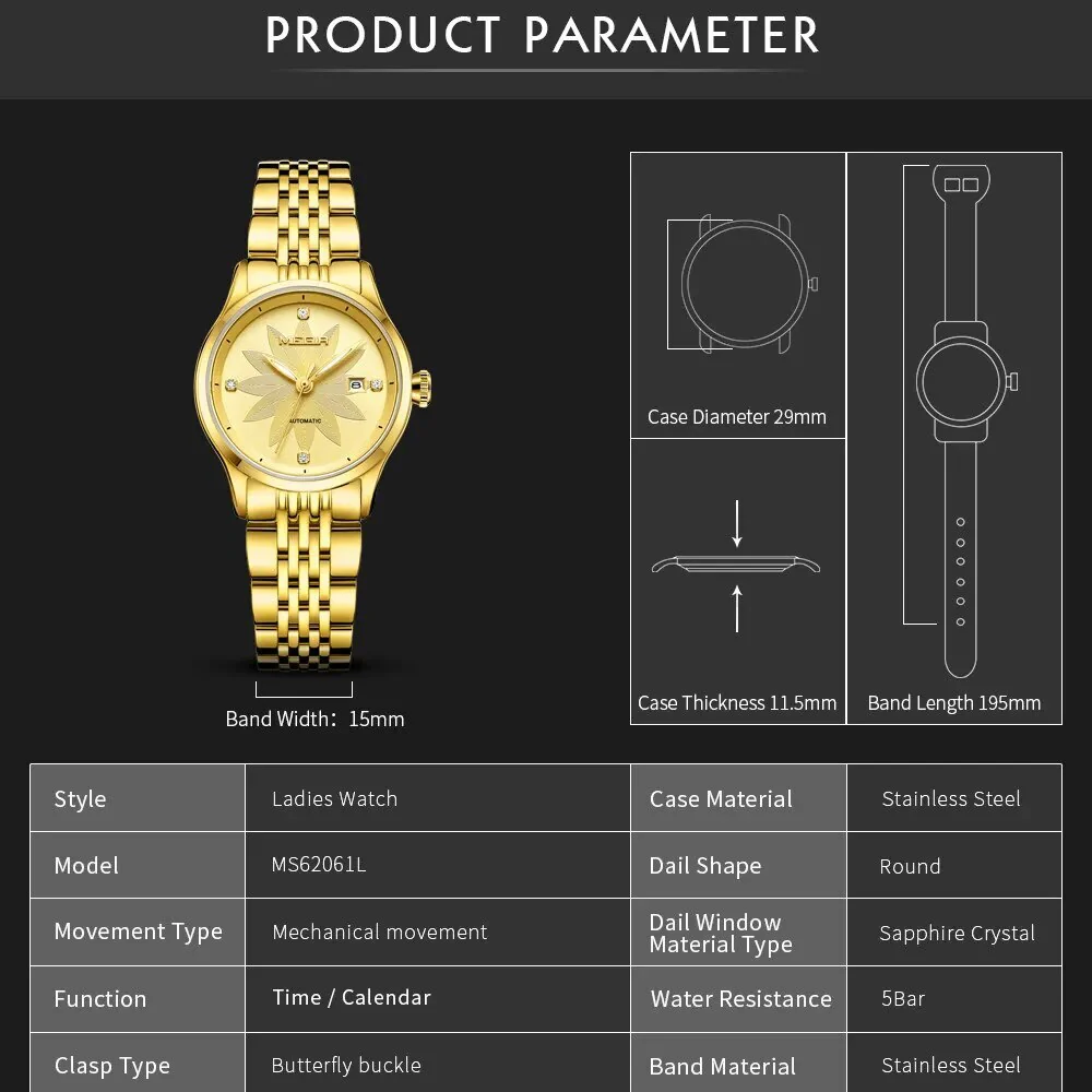 MEGIR Fashion Business Casual Watch for Women Sapphire Automatic Mechanical Wrist Watch Ladies Stainless Steel Female Date Clock - Image 3