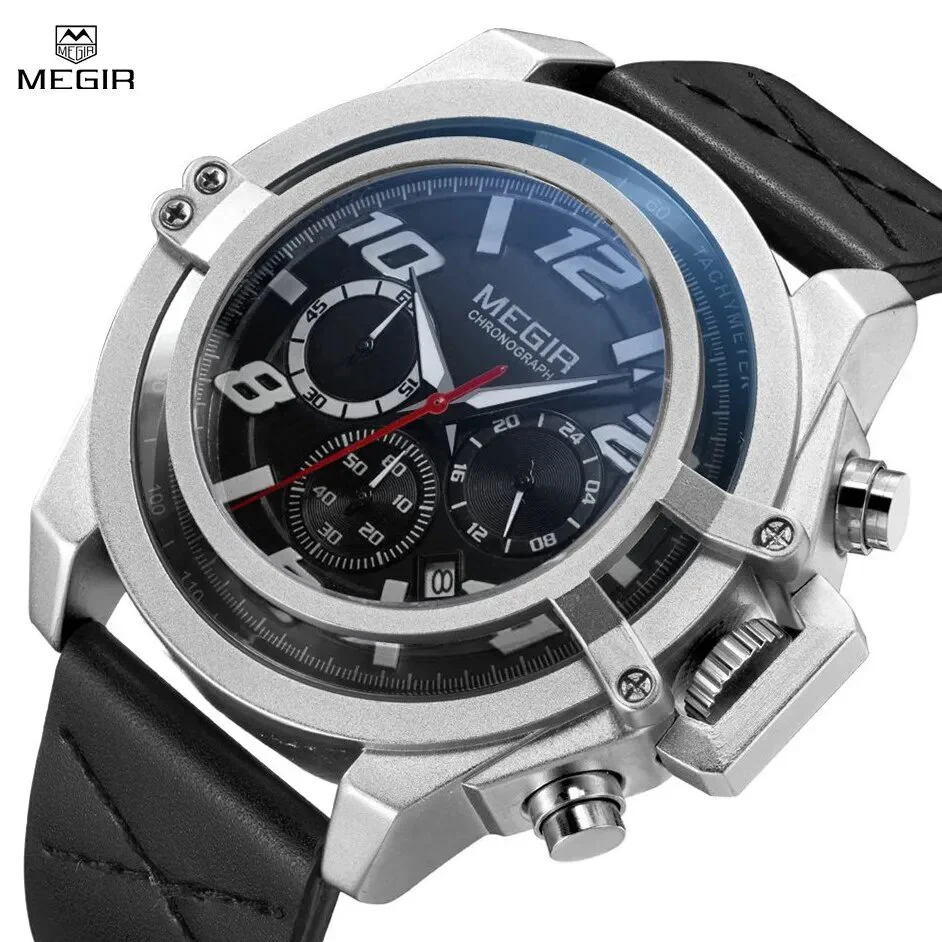MEGIR Fashion Mens Watch Top Brand Luxury Sports Watches Waterproof Quartz Clock Leather Military Wrist Watch Relogio Masculino - Image 2