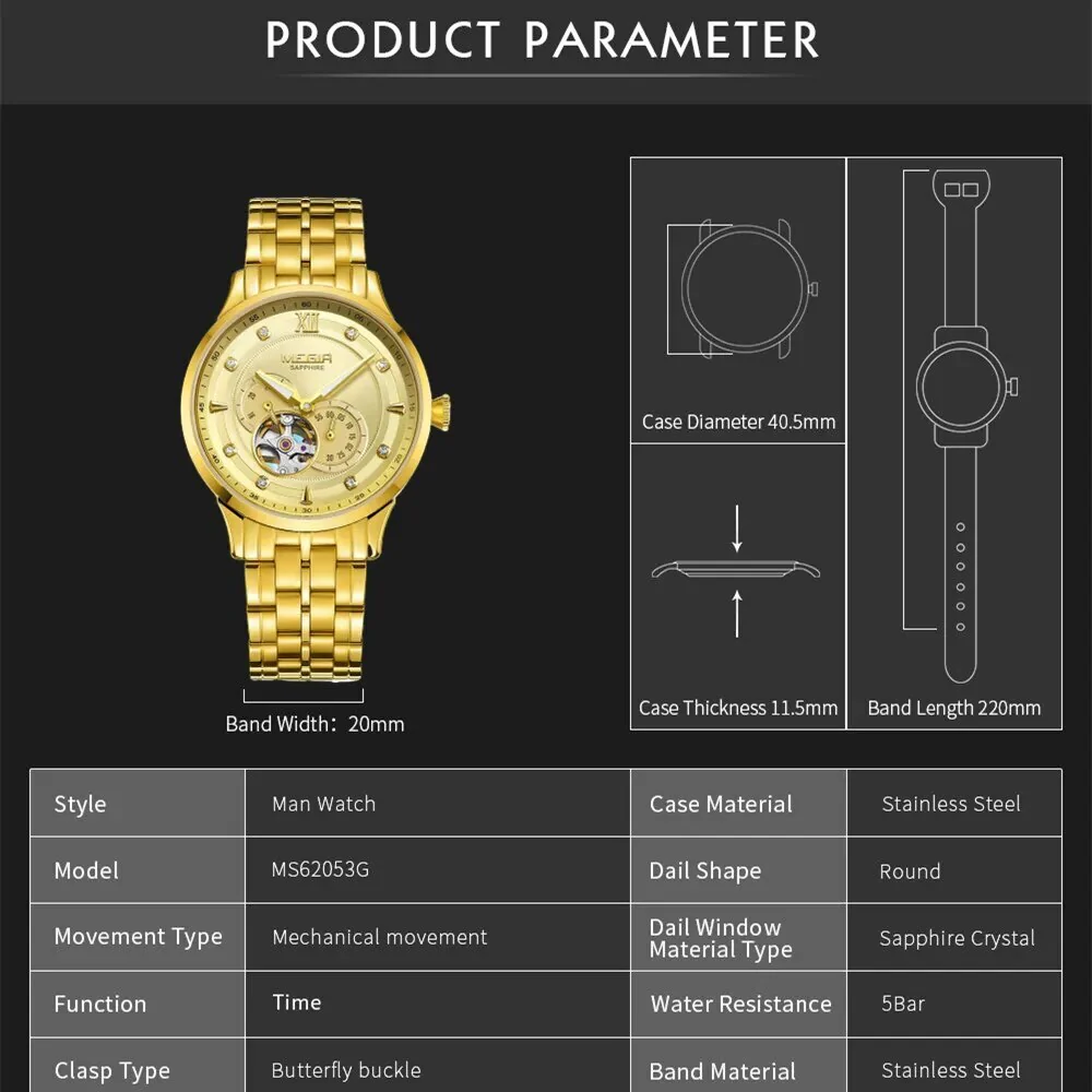 MEGIR Luxury Men Watches Stainless Steel Automatic Mechanical Watch Sapphire Steel Case Business WristWatch Montre Homme - Image 5