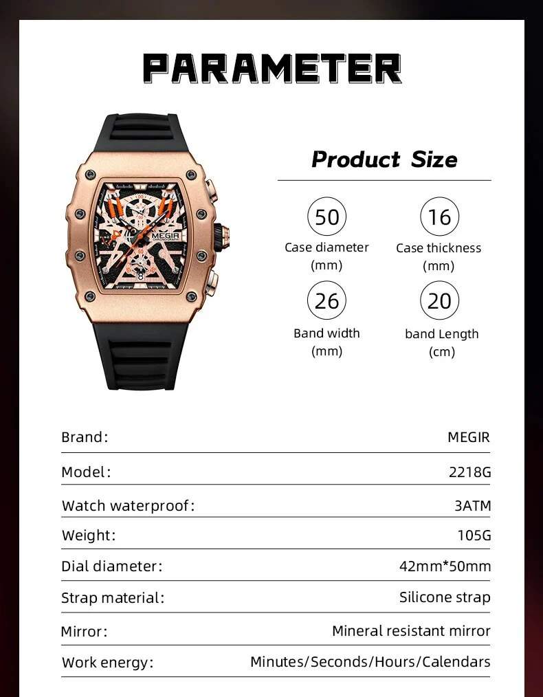 MEGIR Luxury Outdoor Sport Wristwatch for Mens Silicone Waterproof Watches Quartz Wrist Watch Male Clock Military Watch 2218 - Image 3