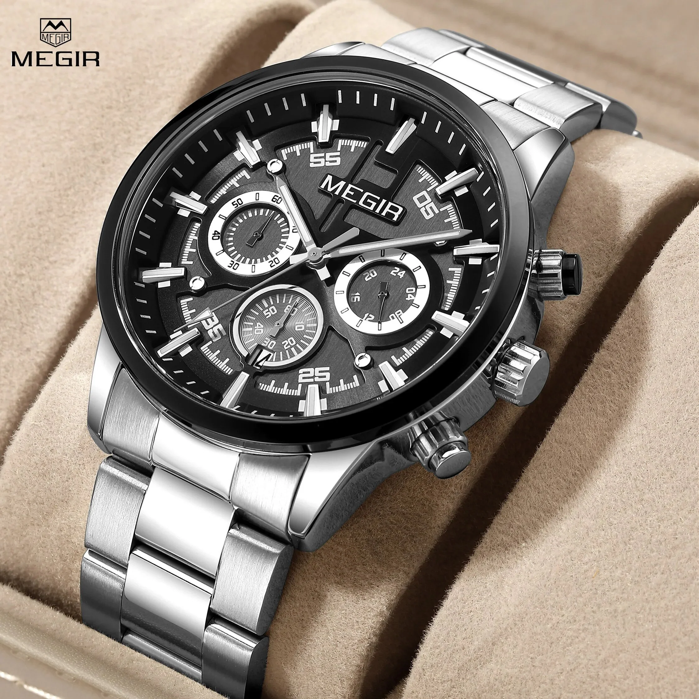MEGIR Luxury Watch Mens Business Watches Calendar Stainless Steel Quartz Wrist Watch Clock Casual Chronograph Relogio Masculino