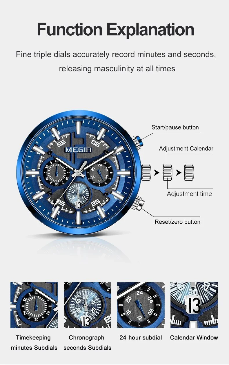 MEGIR Luxury Watch Mens Business Watches Calendar Stainless Steel Quartz Wrist Watch Clock Casual Chronograph Relogio Masculino - Image 4
