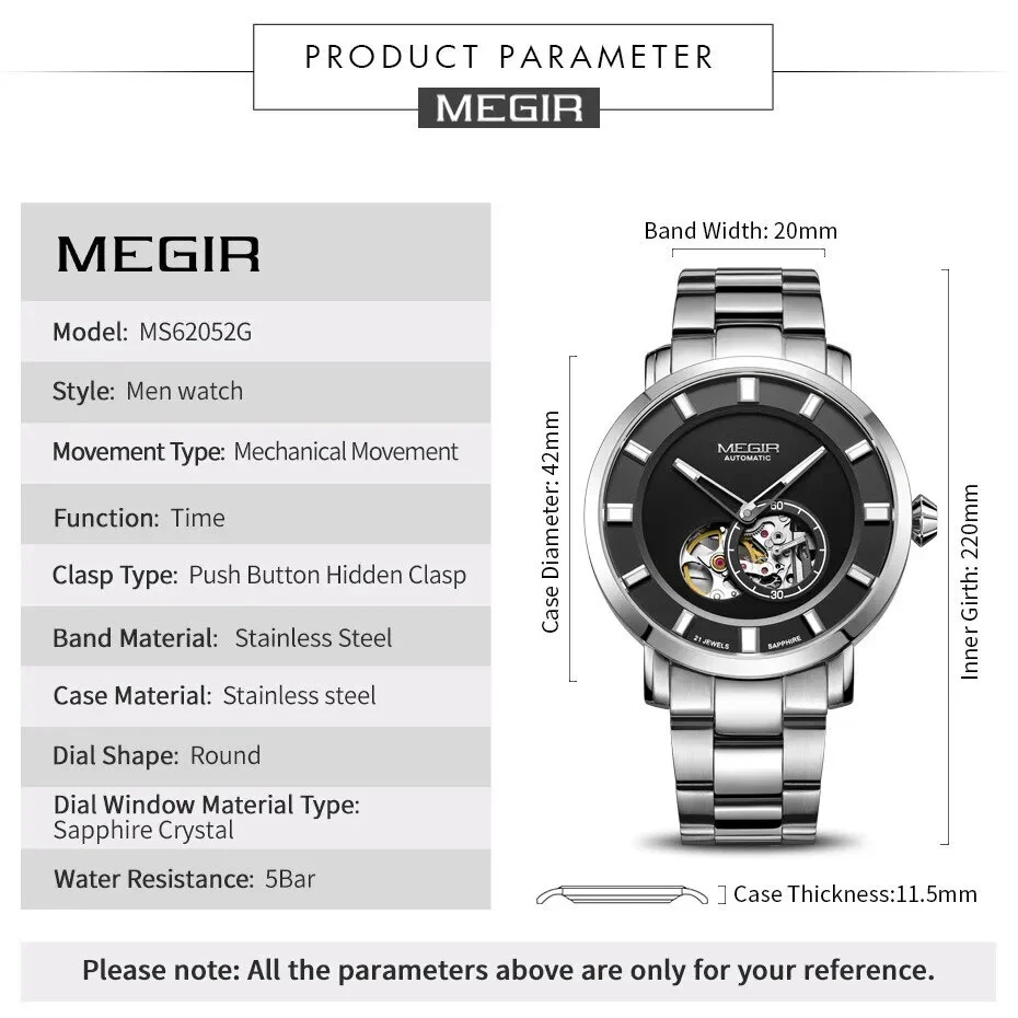 MEGIR Men Watch Hollow Out Automatic Mechanical Stainless Steel Wristwatch Waterproof Luxury Business Wrist Watch Montre Homme - Image 5
