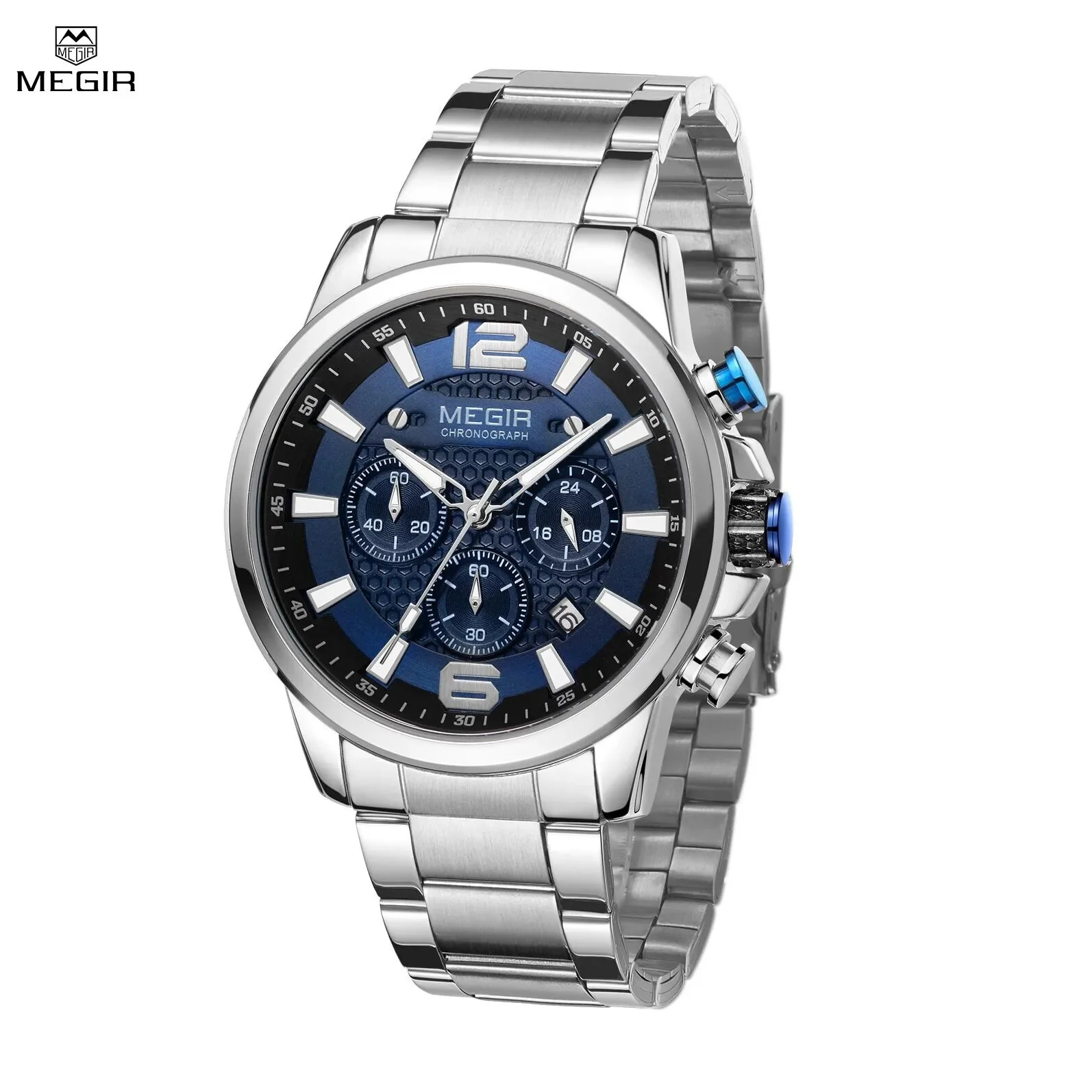 MEGIR Men's Quartz Wrist Watch Stainless Steel Band Chronograph Watches Luminous Waterproof Wristwatch Man Clock Military Watch