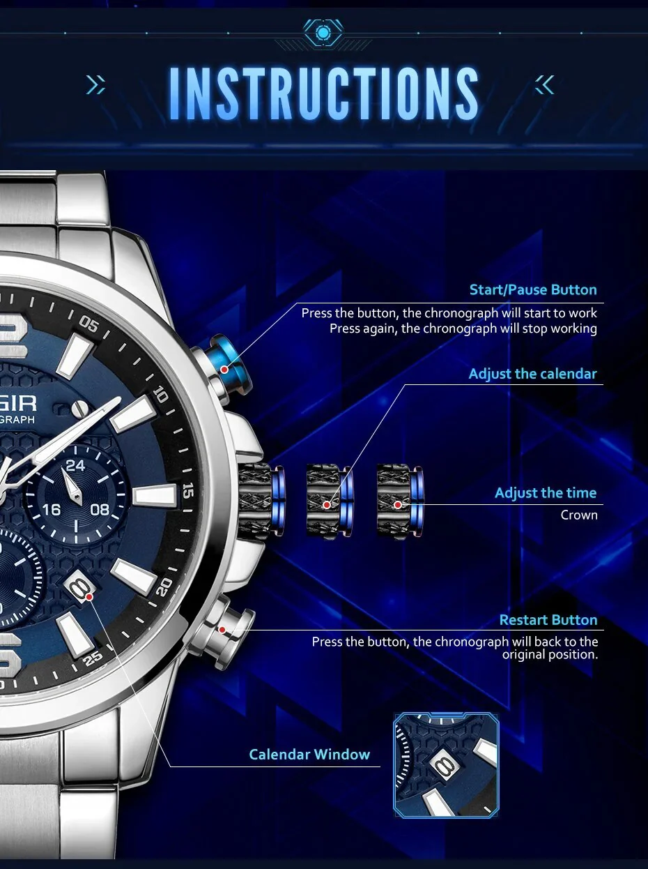 MEGIR Men's Quartz Wrist Watch Stainless Steel Band Chronograph Watches Luminous Waterproof Wristwatch Man Clock Military Watch - Image 5