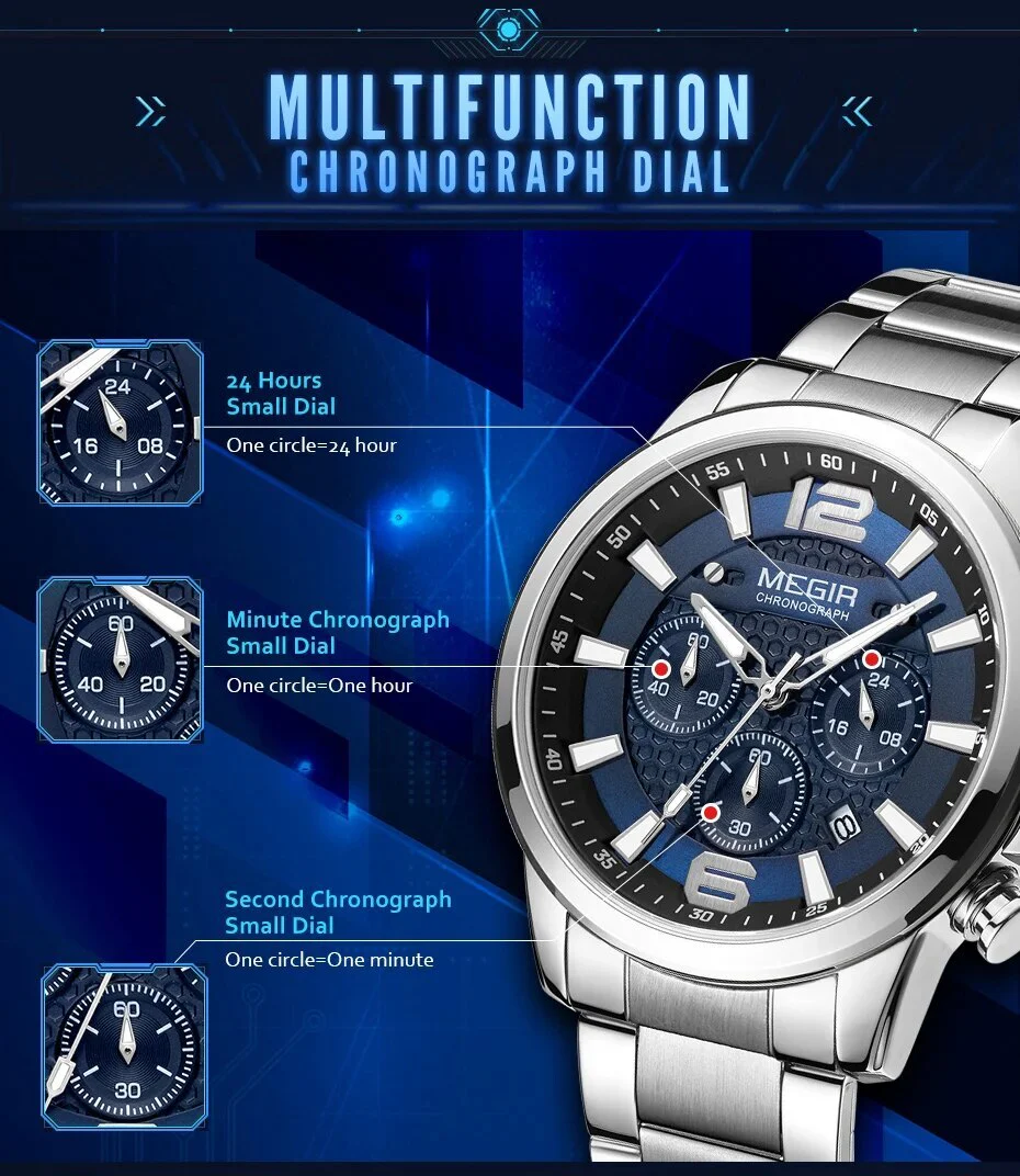 MEGIR Men's Quartz Wrist Watch Stainless Steel Band Chronograph Watches Luminous Waterproof Wristwatch Man Clock Military Watch - Image 6
