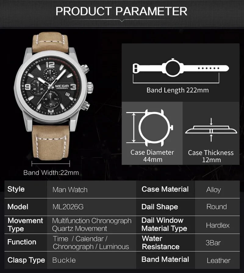 MEGIR Original Brand Luxury Watch Men's Sport Watches Leather Strap Watch Quartz Wristwatches Luminous Casual Relogio Masculino - Image 3