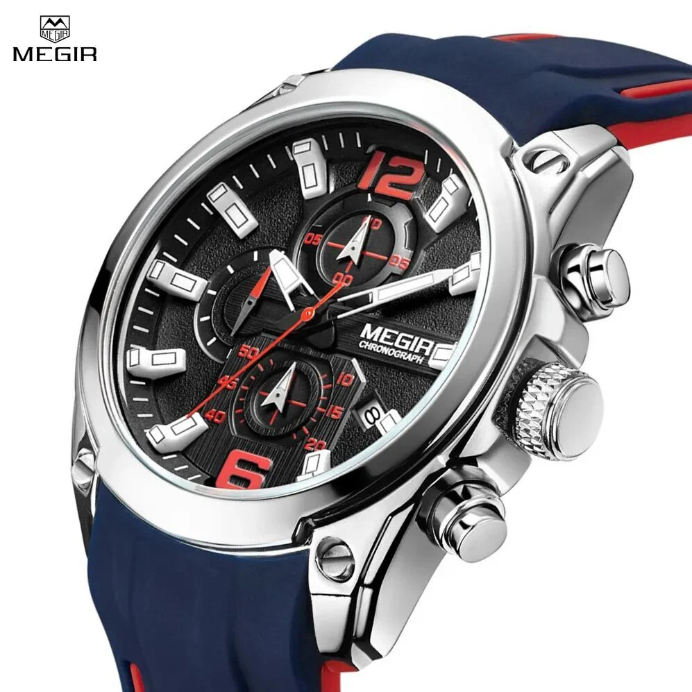 MEGIR Sport Watch Silicone Strap Chronograph Men Quartz Military Watch Waterproof Wrist Watches Relogio Masculino Man Clock