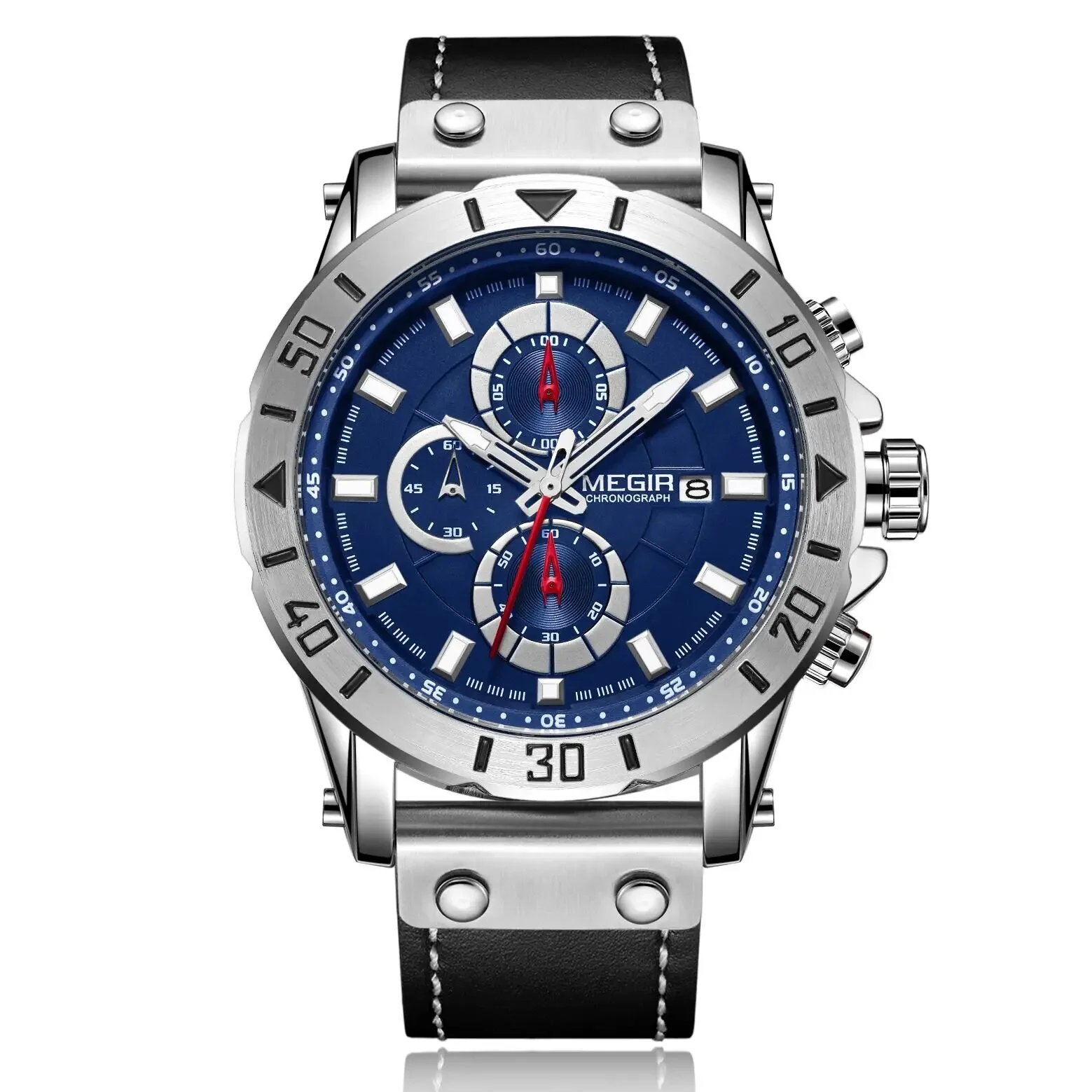 MEGIR Watch Men's Military Sport Wrist Watches Waterproof Leather Quartz Chronograph Calendar Luminous Clock Watch for Man 2081 - Image 2
