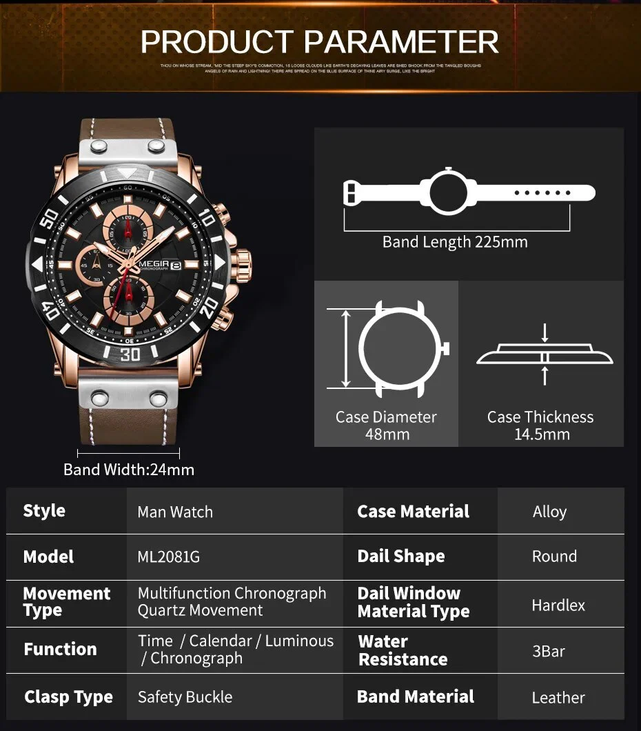 MEGIR Watch Men's Military Sport Wrist Watches Waterproof Leather Quartz Chronograph Calendar Luminous Clock Watch for Man 2081 - Image 3