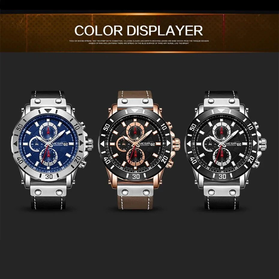 MEGIR Watch Men's Military Sport Wrist Watches Waterproof Leather Quartz Chronograph Calendar Luminous Clock Watch for Man 2081 - Image 4