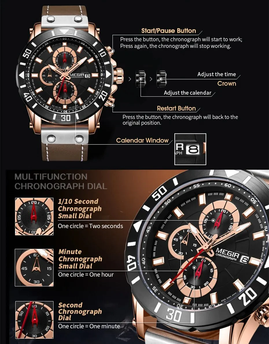 MEGIR Watch Men's Military Sport Wrist Watches Waterproof Leather Quartz Chronograph Calendar Luminous Clock Watch for Man 2081 - Image 6