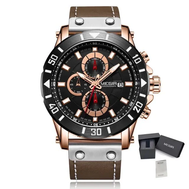 MEGIR Watch Men's Military Sport Wrist Watches Waterproof Leather Quartz Chronograph Calendar Luminous Clock Watch for Man 2081 - Image 7