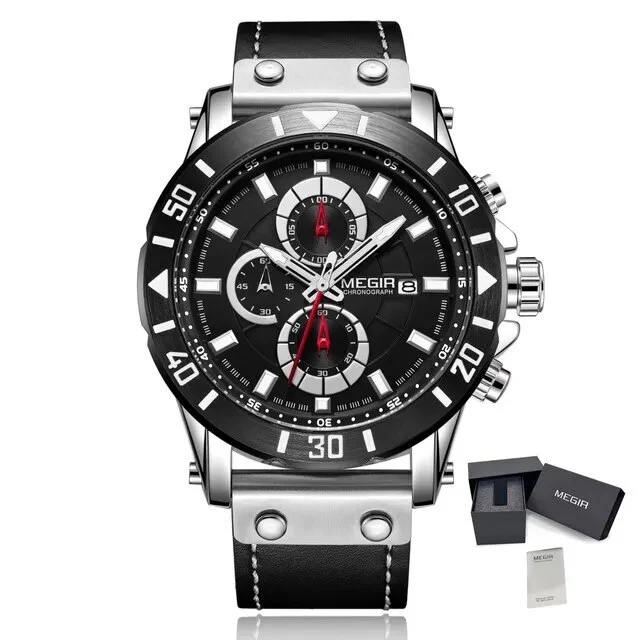 MEGIR Watch Men's Military Sport Wrist Watches Waterproof Leather Quartz Chronograph Calendar Luminous Clock Watch for Man 2081 - Image 9