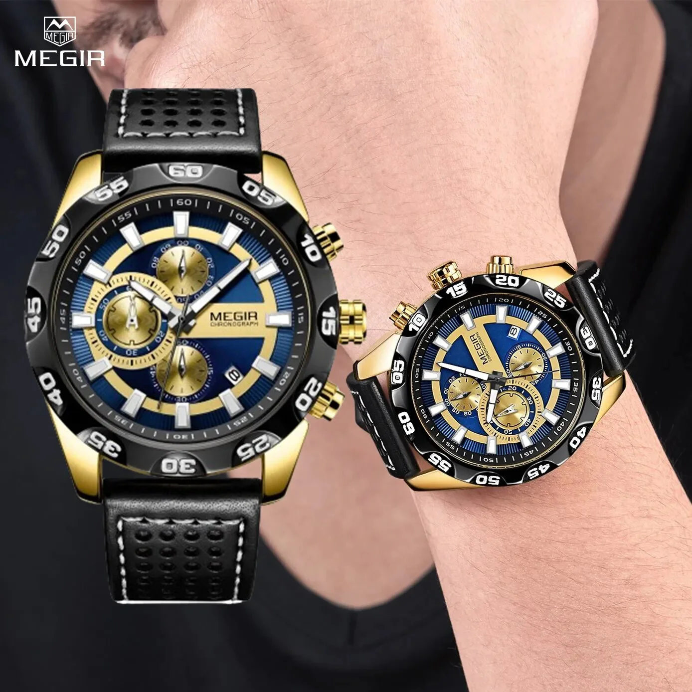 MEGIR Watches Mens Luxury Sports Military Watch Waterproof Luminous Quartz Wrist Watch Leather Casual Man Chronograph Clock