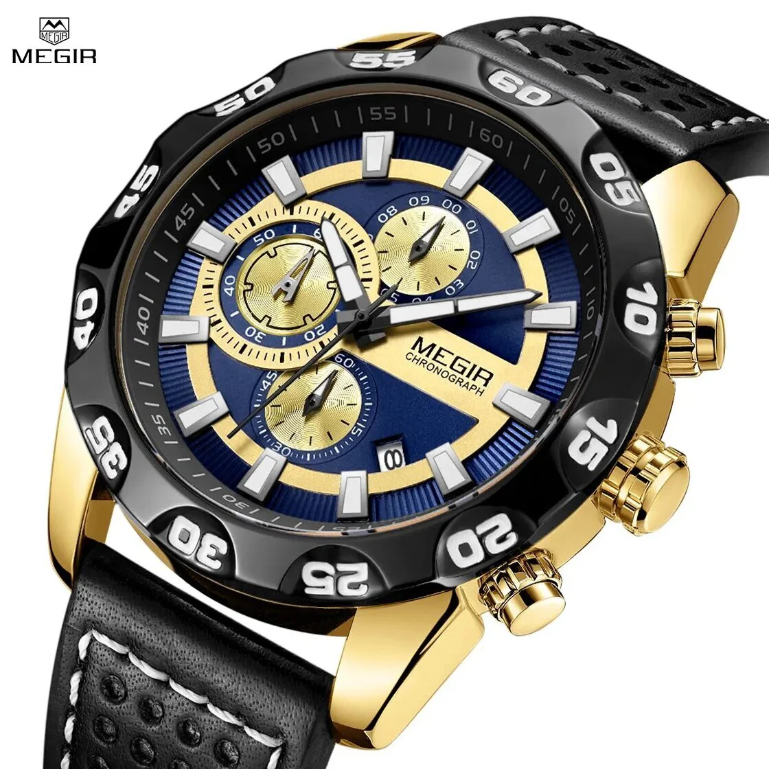 MEGIR Watches Mens Luxury Sports Military Watch Waterproof Luminous Quartz Wrist Watch Leather Casual Man Chronograph Clock - Image 2