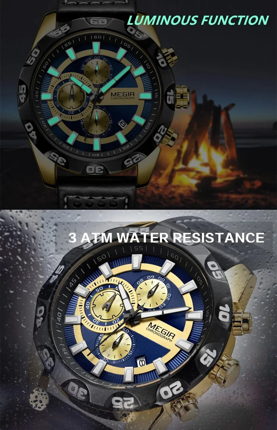 MEGIR Watches Mens Luxury Sports Military Watch Waterproof Luminous Quartz Wrist Watch Leather Casual Man Chronograph Clock - Image 4