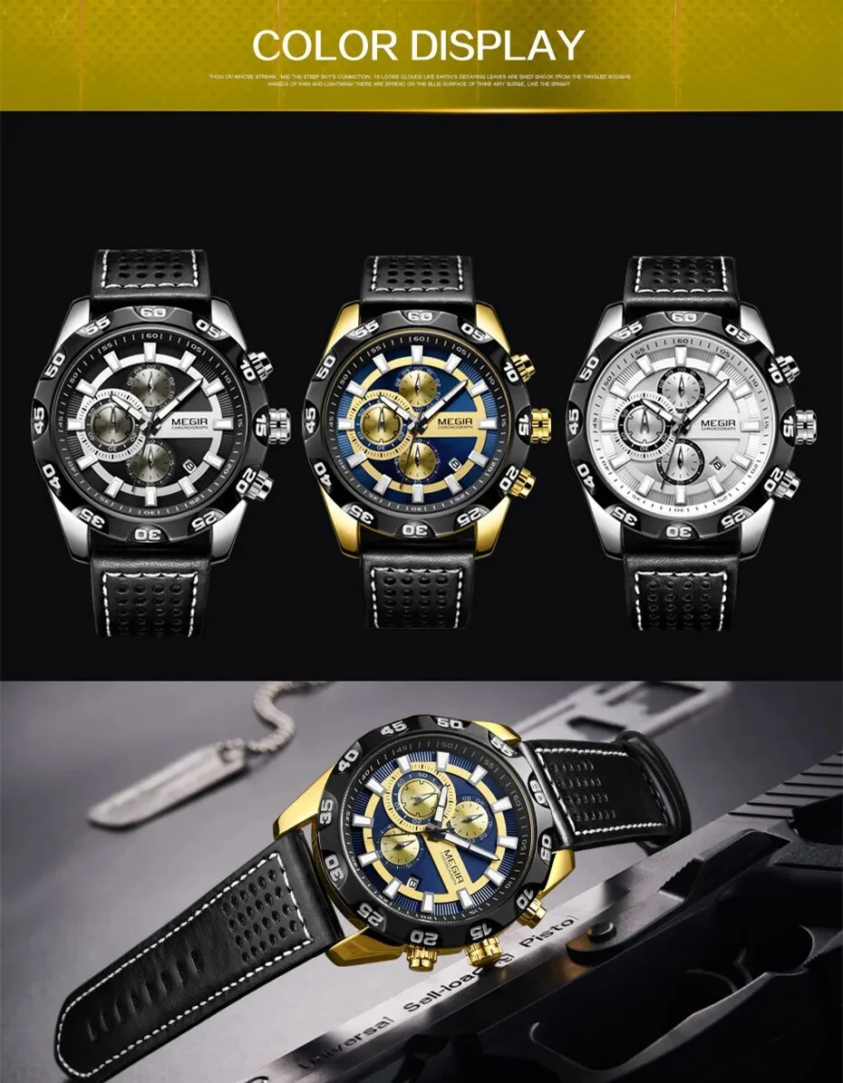 MEGIR Watches Mens Luxury Sports Military Watch Waterproof Luminous Quartz Wrist Watch Leather Casual Man Chronograph Clock - Image 5