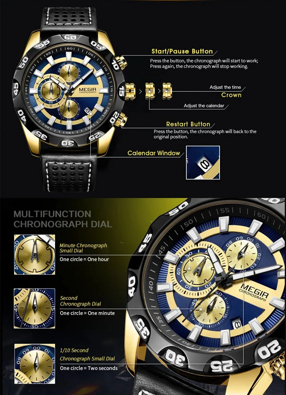 MEGIR Watches Mens Luxury Sports Military Watch Waterproof Luminous Quartz Wrist Watch Leather Casual Man Chronograph Clock - Image 6